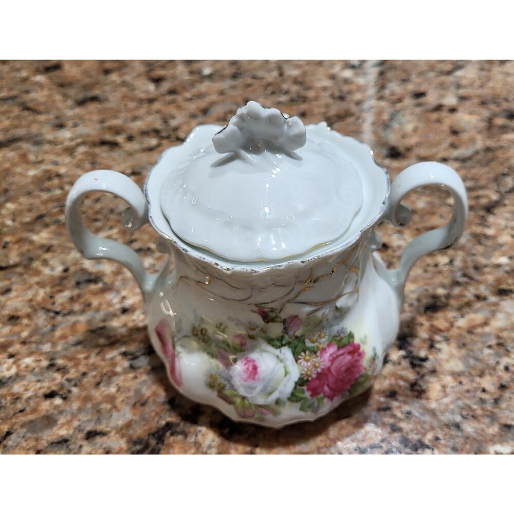 Antique Lehmann Leuchtenburg Germany Sugar Bowl Pink White Roses 2 handle - Picture 2 of 15